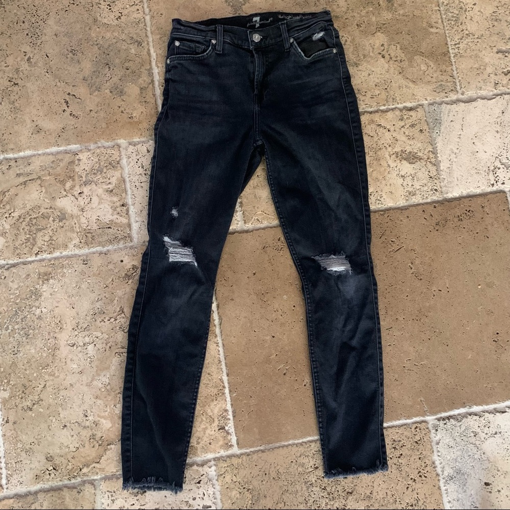 7 For All Mankind The High Waist Ankle Skinny Destroyed Gray Black 26 Denim